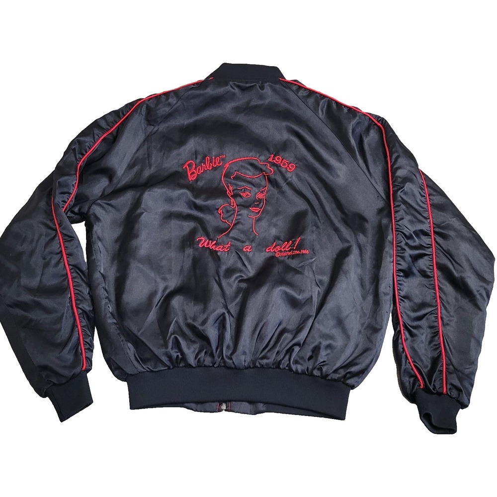 🖤Vintage 1988 Barbie Bomber Jacket Unisex M-L Black Red Satin Mattel Embroidery